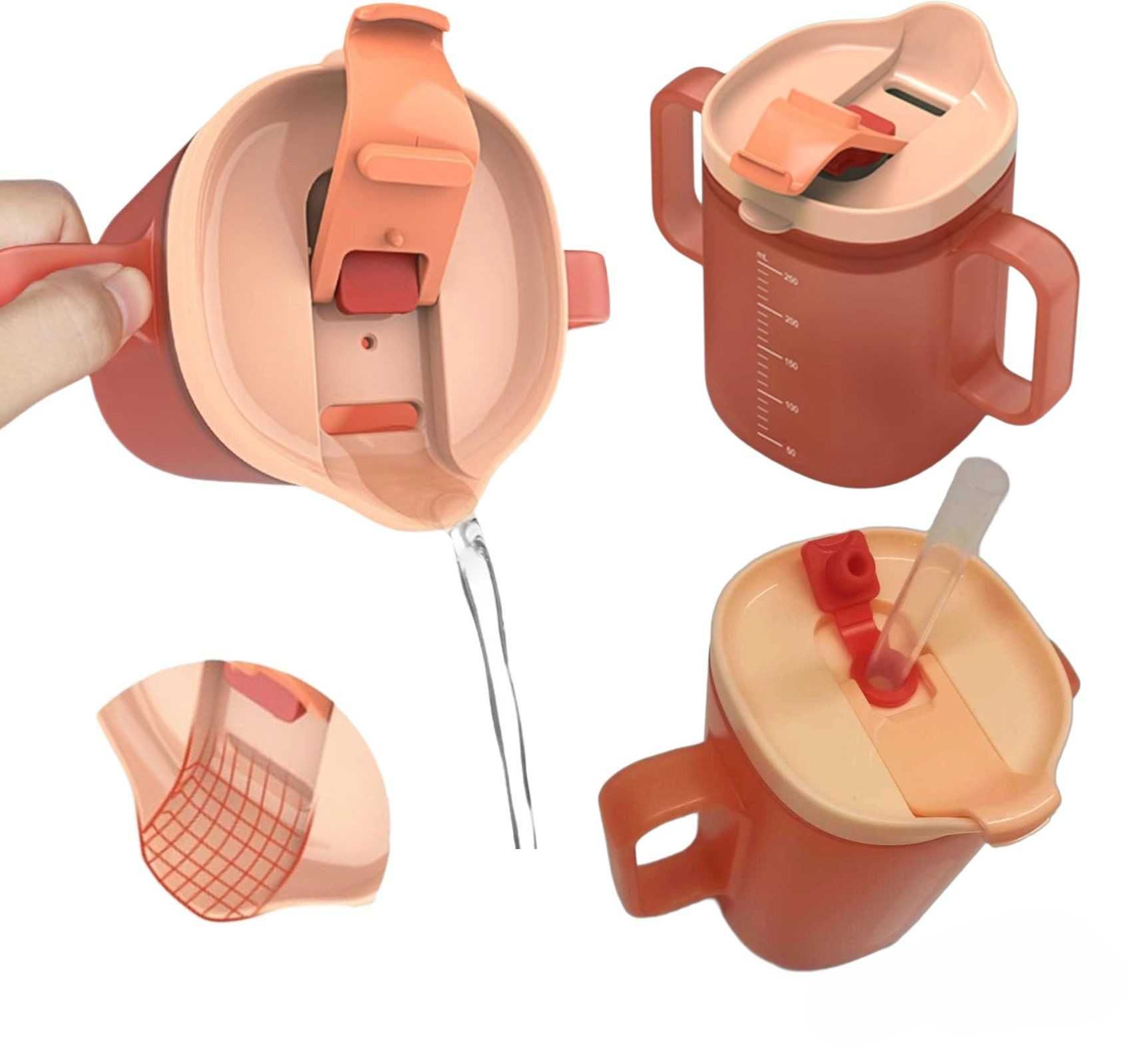Caneca Anti-Asfixia 300ml com Tampa, Palhinha e Alças -Idosos, Laranja