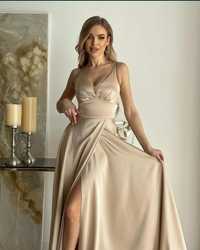 Sukienka beżowa długa Maxi 40/L satynowa bicotone balowa z rozcięciem