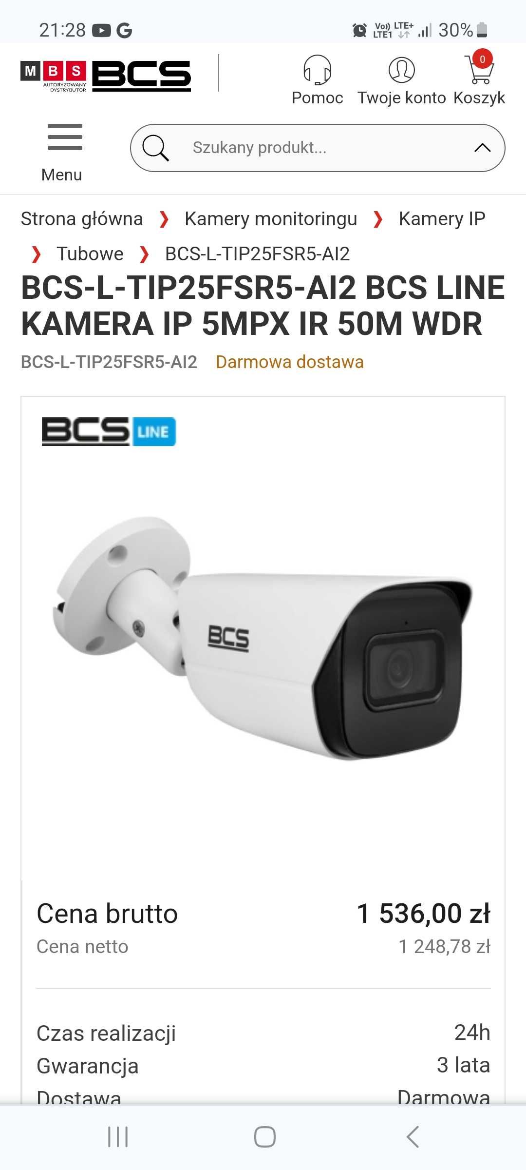 Kamera Bsc line 
Model BCS-L-TIP25FSR5-AI2 Kamera IP BCS tubowa 5Mpx
