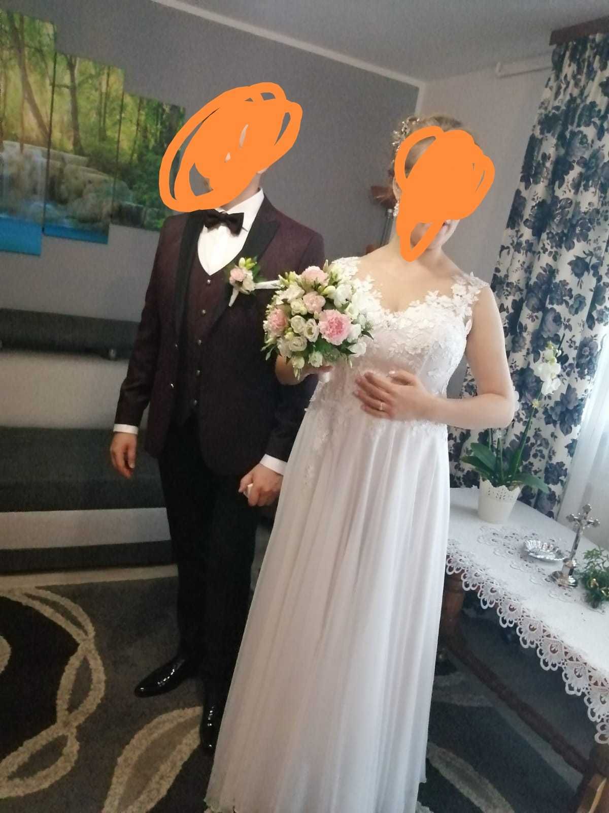 Sukienka ślubna 42 XL prosta rozporki cekiny swarovskiego