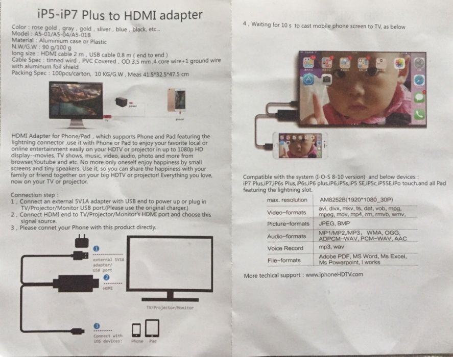 Przejściówka kabel z lightning np. iPad na HDMI żeńskie iOS8-10!