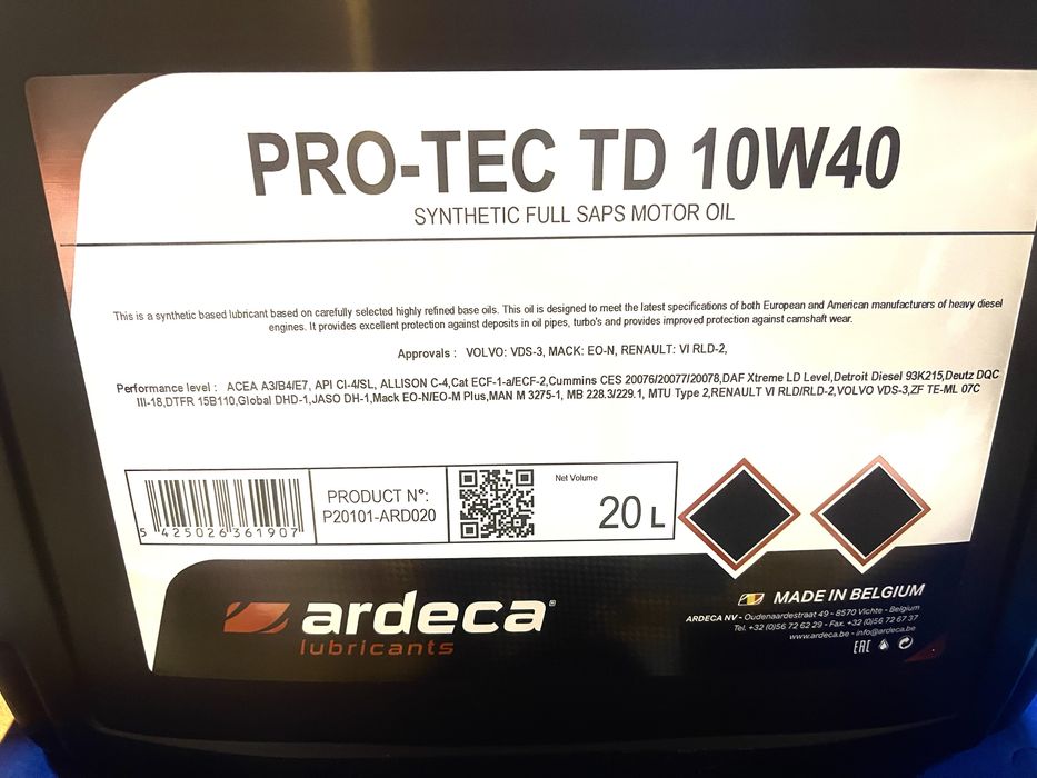 Олива моторна ARDECA 10W40 PRO-TEC TD 20л Бельгія євро 3,4,5