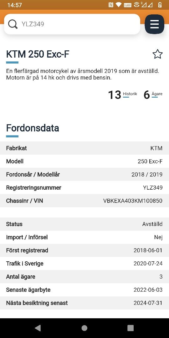 KTM Excf 250 Rejestracja 2019 Szwecja