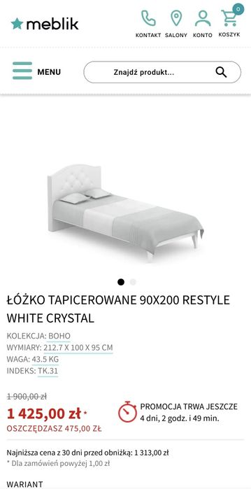 Łóżko z materacem Meblik  BOHO plus szafeczka nocna