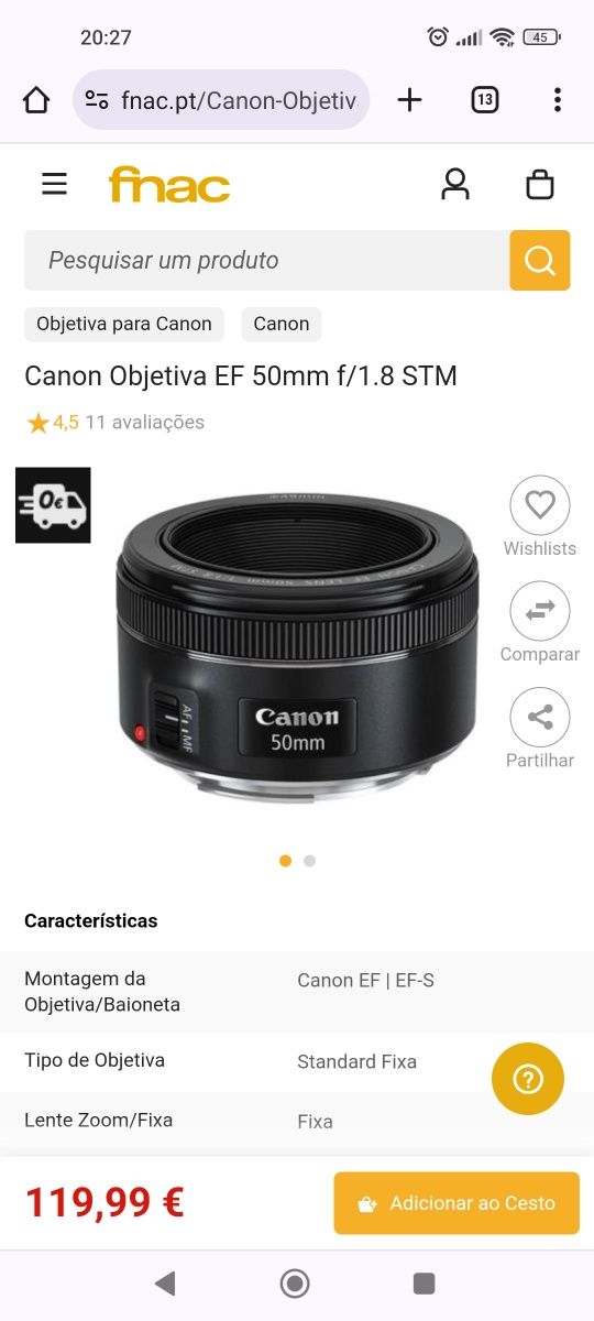 Máquina fotográfica Canon EOS 2000D + Canon EF 50mm f/1.8 STM + tripé