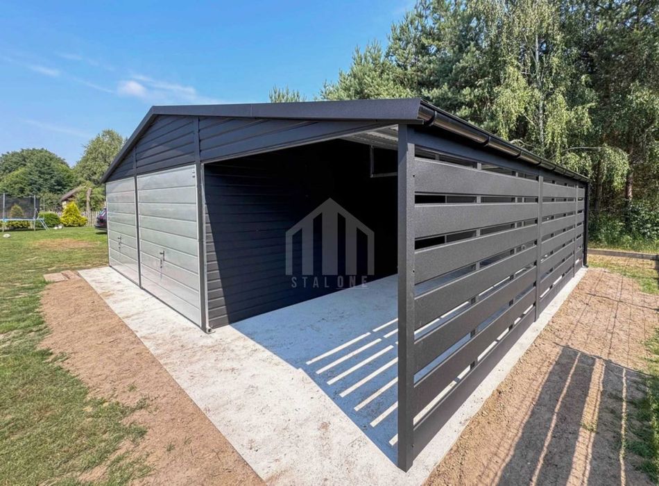 Garaż blaszany  6x6m + wiata 3m - brama drzwi okno rynny SO105