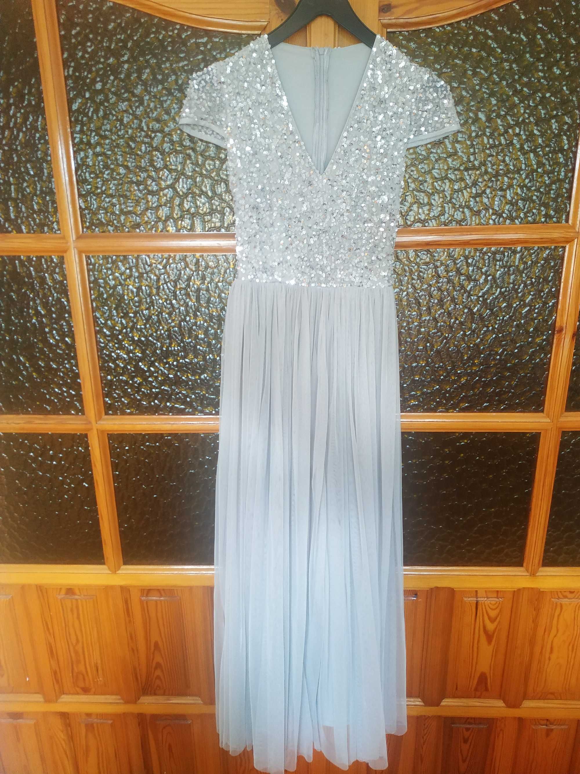 Suknia srebrna cekiny tiul XS