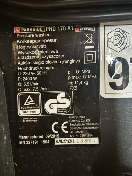 Myjka wysokocisnieniowa Parkside Phd 170 A1