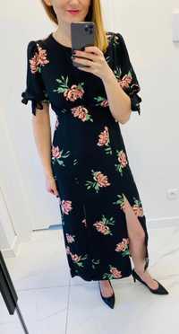 Długa czarna sukienka Miss Selfridge S maxi w kwiaty różowe krótki