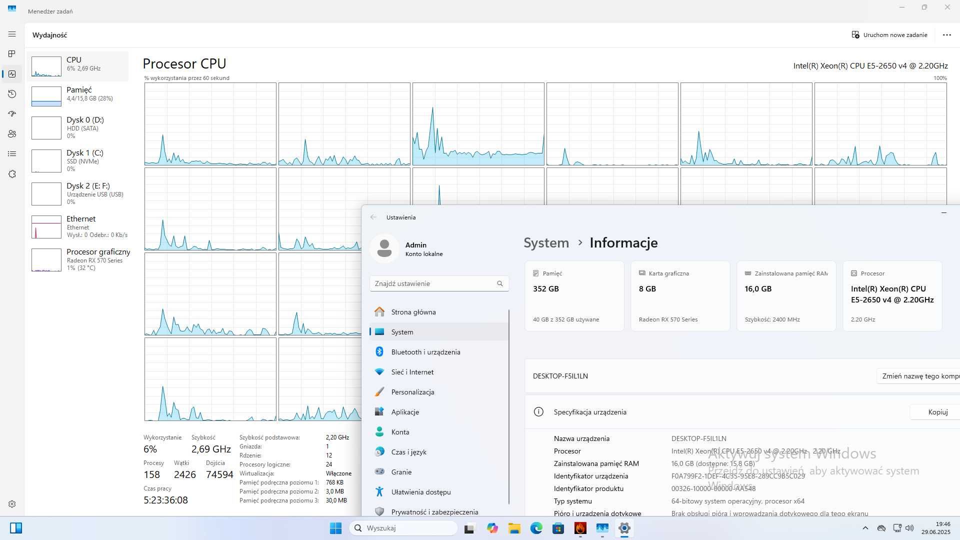 Komputer Xeon 16C/32T, 16GB DDR4, RX570 8GB VRAM, Dysk M.2 + HDD