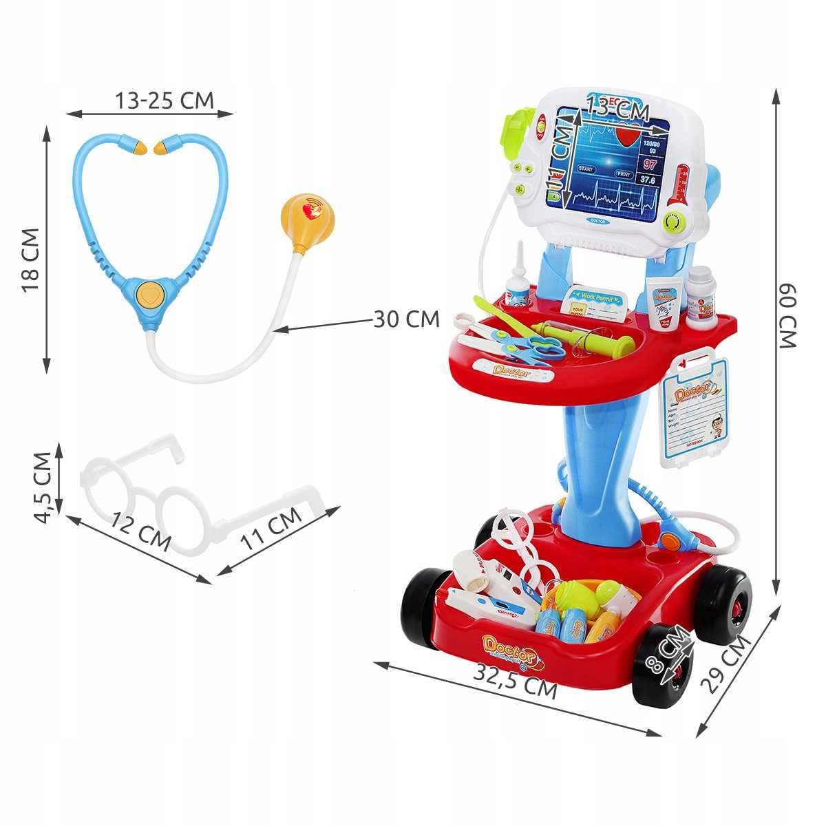 Zestaw Małego Doktora Lekarza Wózek EKG Akcesoria  Lekarz Świecenie