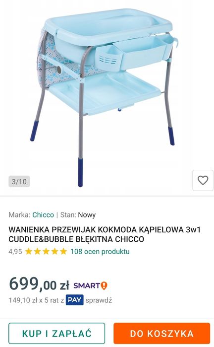 Wanienka Chicco Cuddle & Bubble błękitna wanna przewijak komoda kąpiel