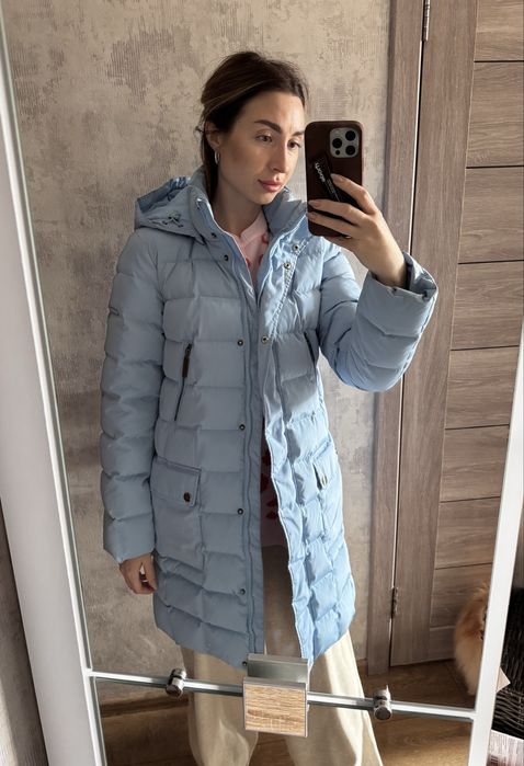 Пуховик натуральний зимовий блакитний міді s-m(36-38) голубий пальто