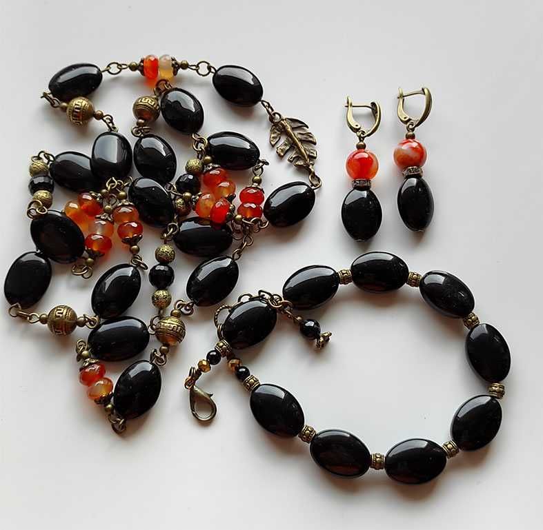 Сердолик и агат, комплект, ожерелье, браслет и серьги