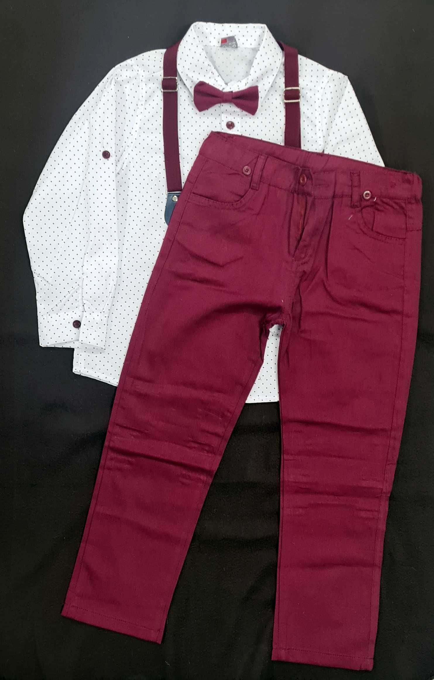 Komplet galowy, garnitur, koszula spodnie muszka szelki bordo 128