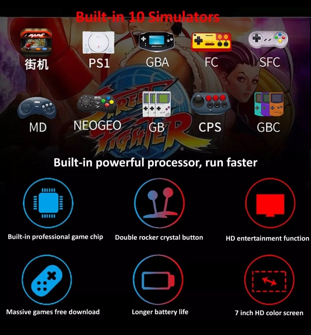 Consola Jogos portátil 7" ecrã IPS HD +1000 jogos clássicos