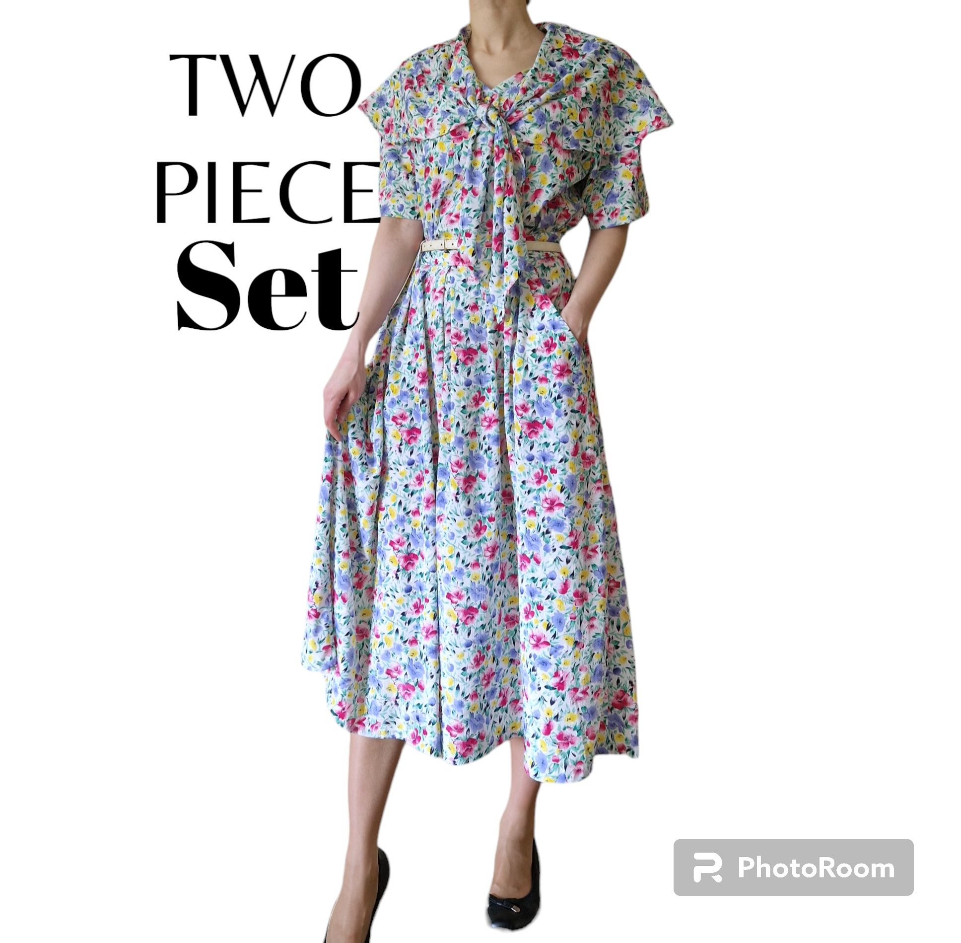 Zestaw vintage 80s koszula + spódnica midi kwiaty
