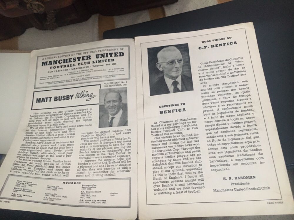 Programa oficial do jogo Manchester United vs Benfica ,1962,único