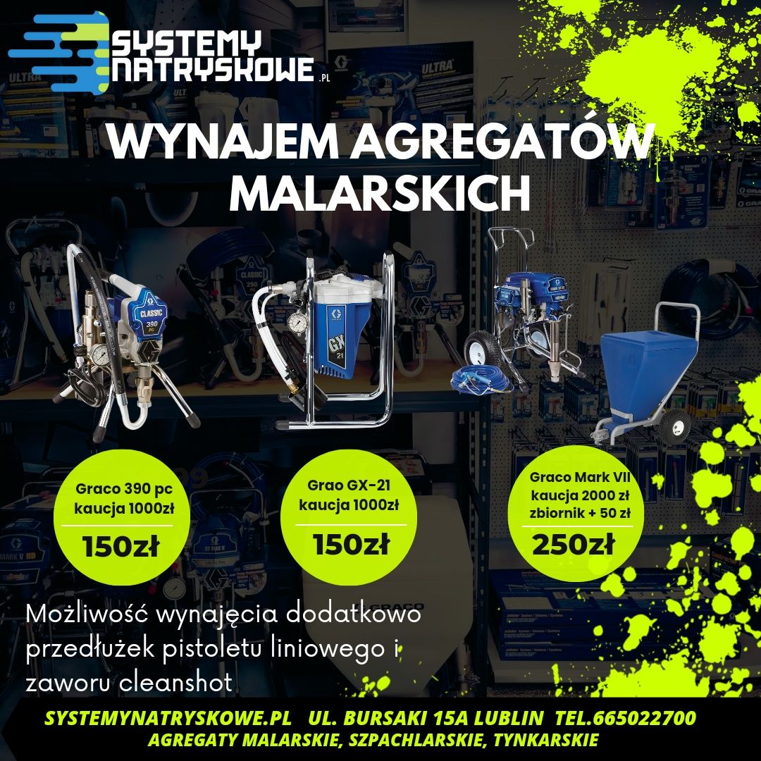 WYNAJEM Agregatów Malarskich Graco390PC, GX 21, Graco Mark VII