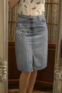 Śliczna spódnica jeansowa NL Jeans zdobiona w kwiaty rozm 12 38 36