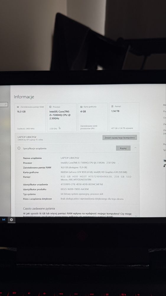 Laptop gamingowy dla młodych! HP OMEN GTX1050 16gb ram 1tb i5-7300hq
