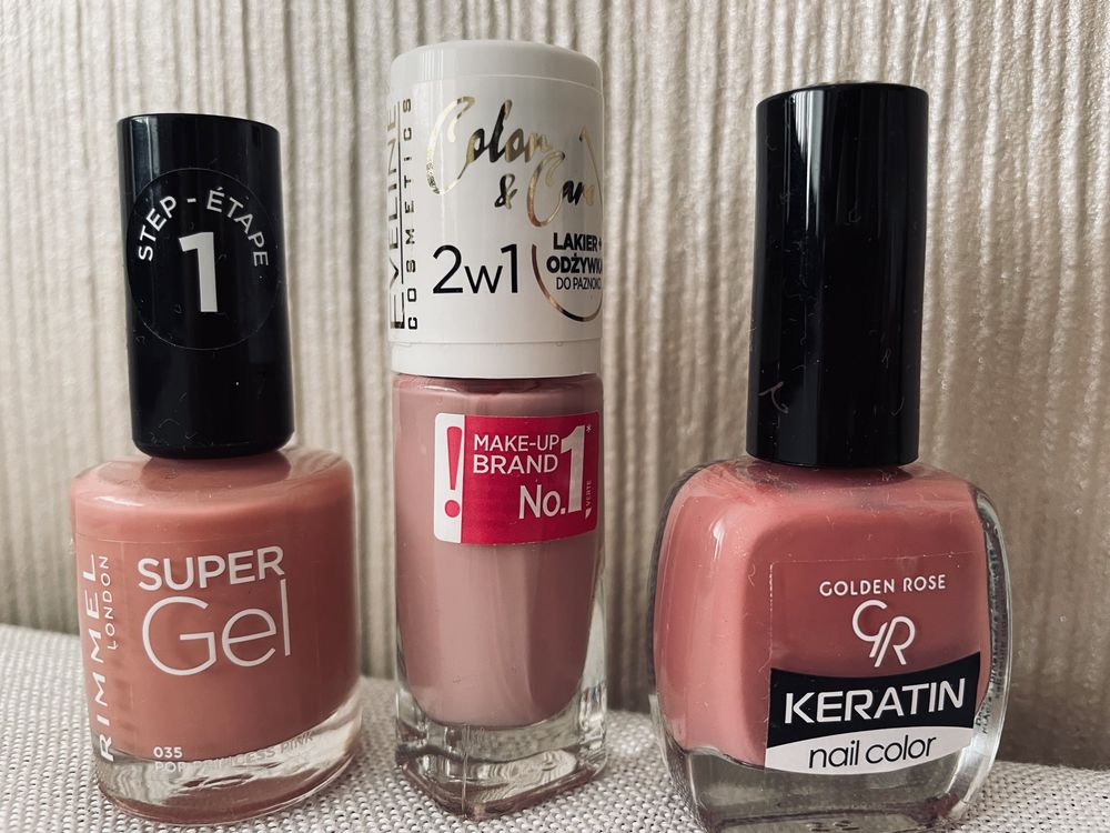 3 lakiery : Rimmel Super Gel 035, Golden Rose i Eveline, NUDE