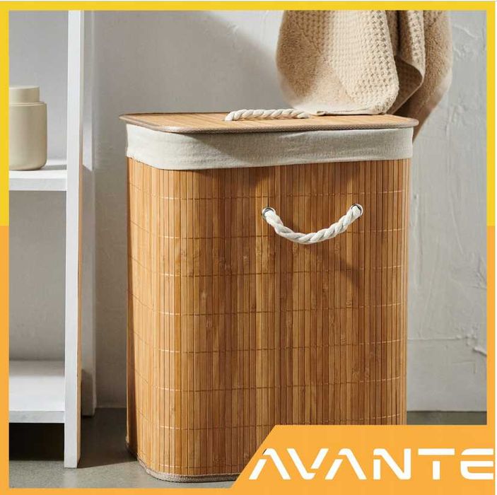 DUŻY KOSZ NA PRANIE BIELIZNE dwukomorowy bambusowy wolnostojący 105L