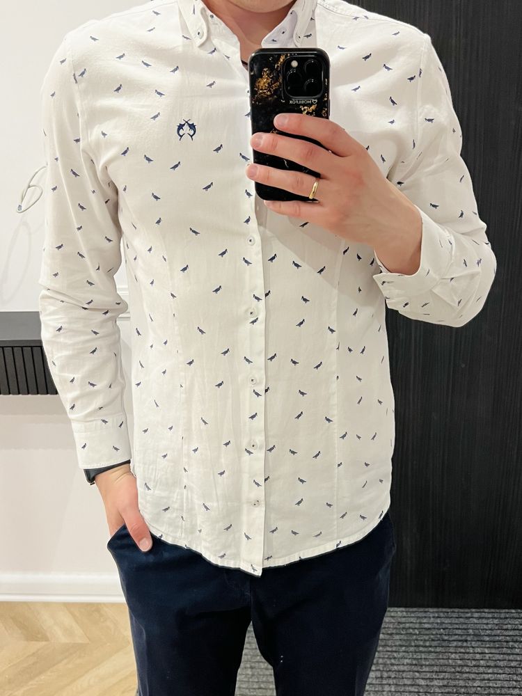 Biała koszula Claudio Campione Slim Fit granatowe wzory, luksus