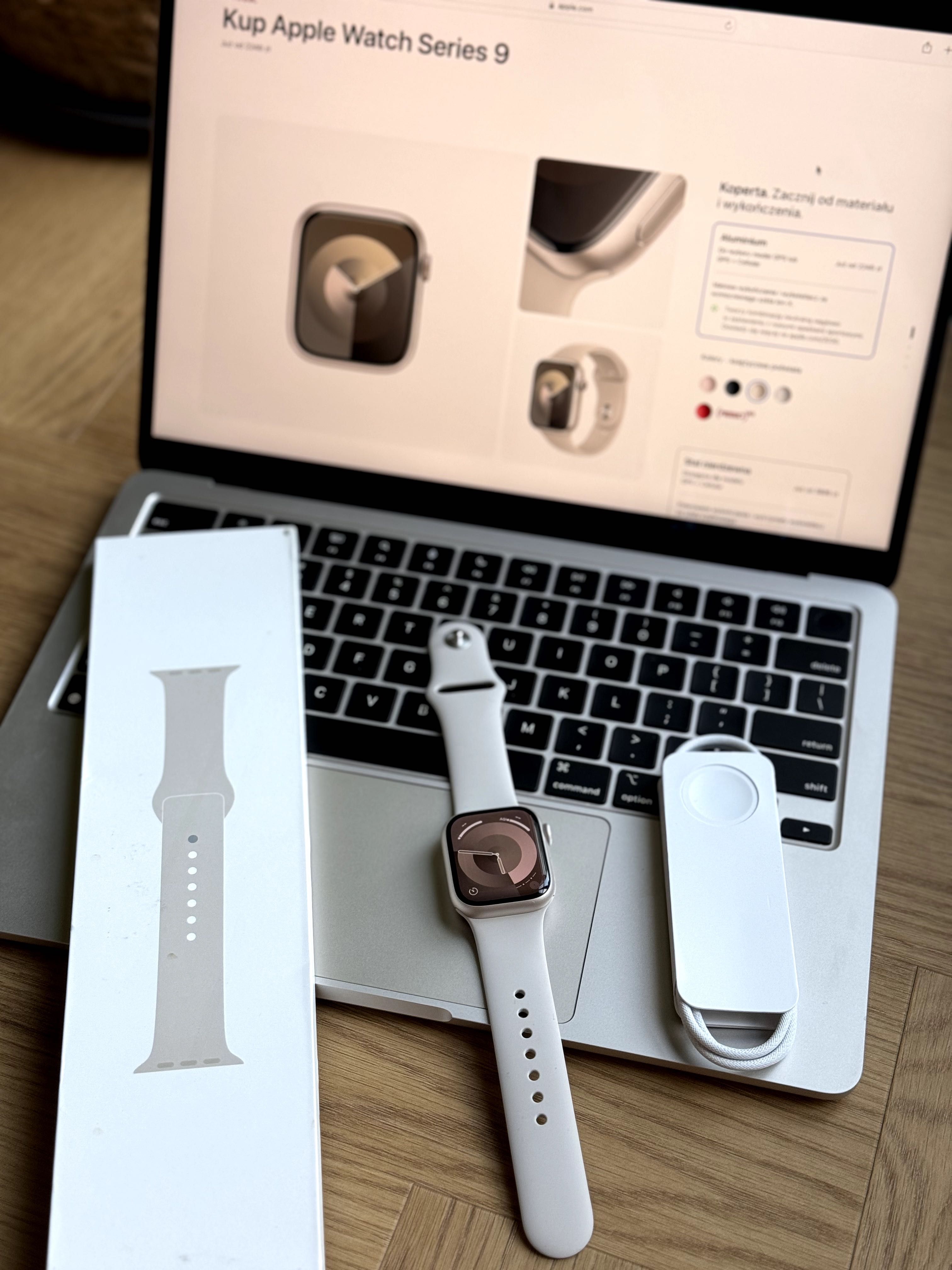 Idealny Apple Watch 9 41mm księżycowa poświata kondycja 100% gwarancja