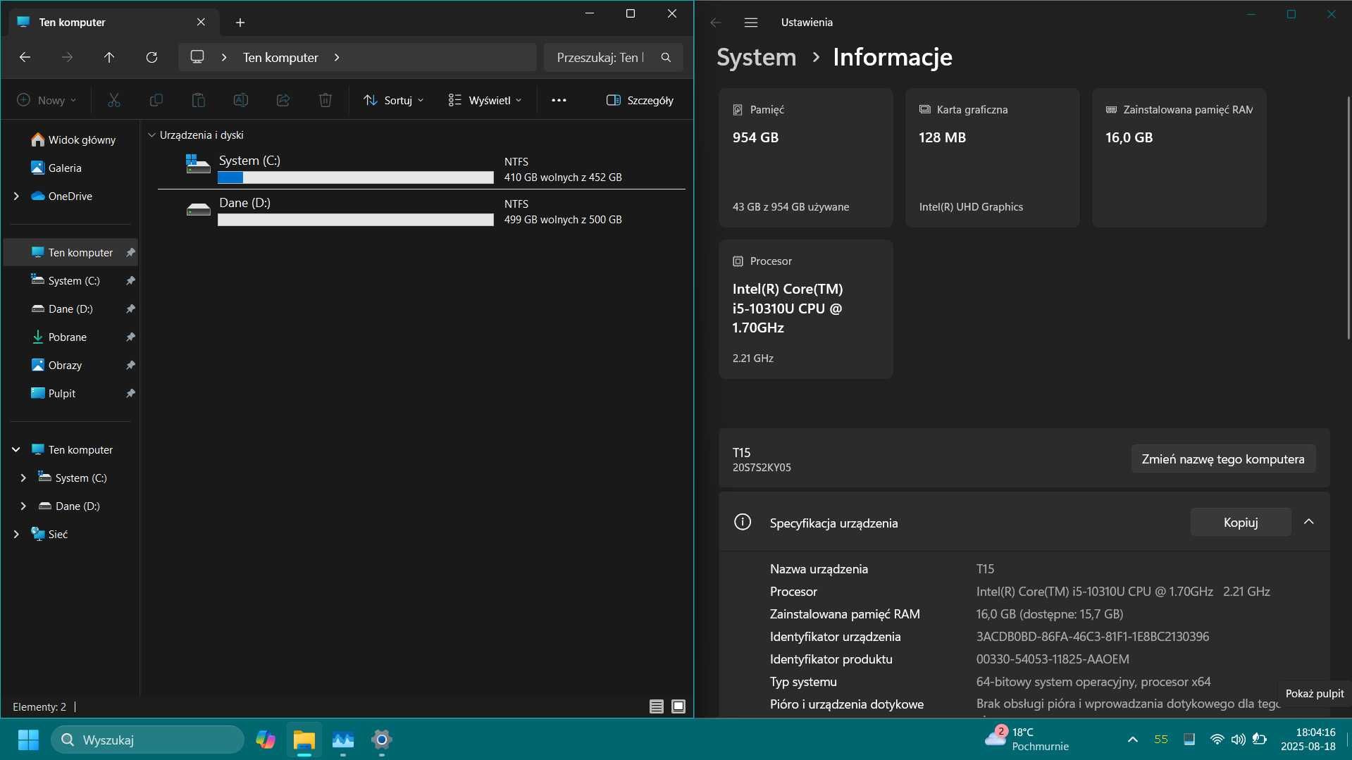 Lenovo  ThinkPAD  T15: i5-10310U + 16GB RAM + 1TB Dysk NVME + Torba