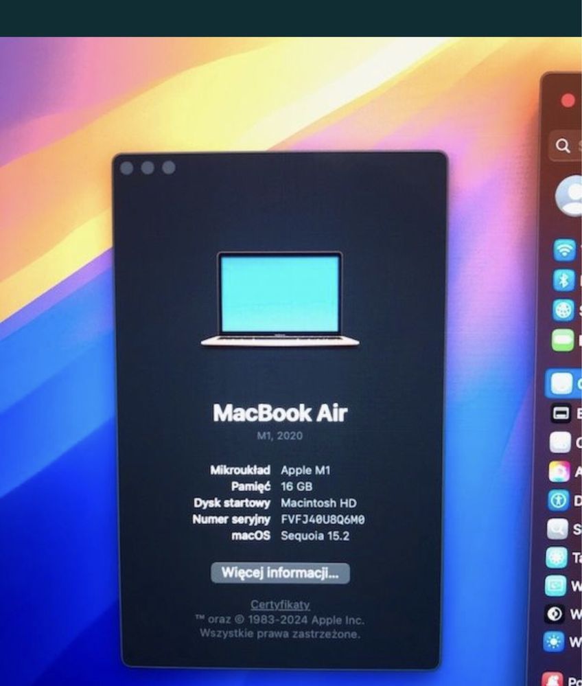 Macbook Air M1 16GB   256Gb gwarancja do 27.09.2025r
