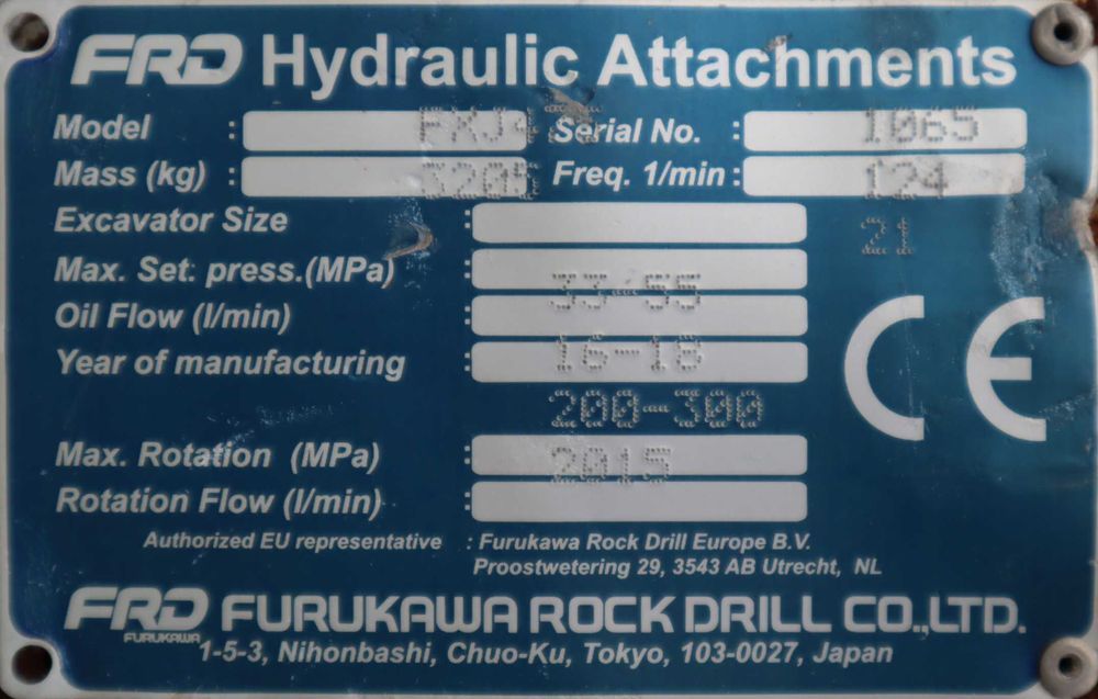 2015 Furukawa FXJ475 Martelo Hidráulico E. 33-55 t.