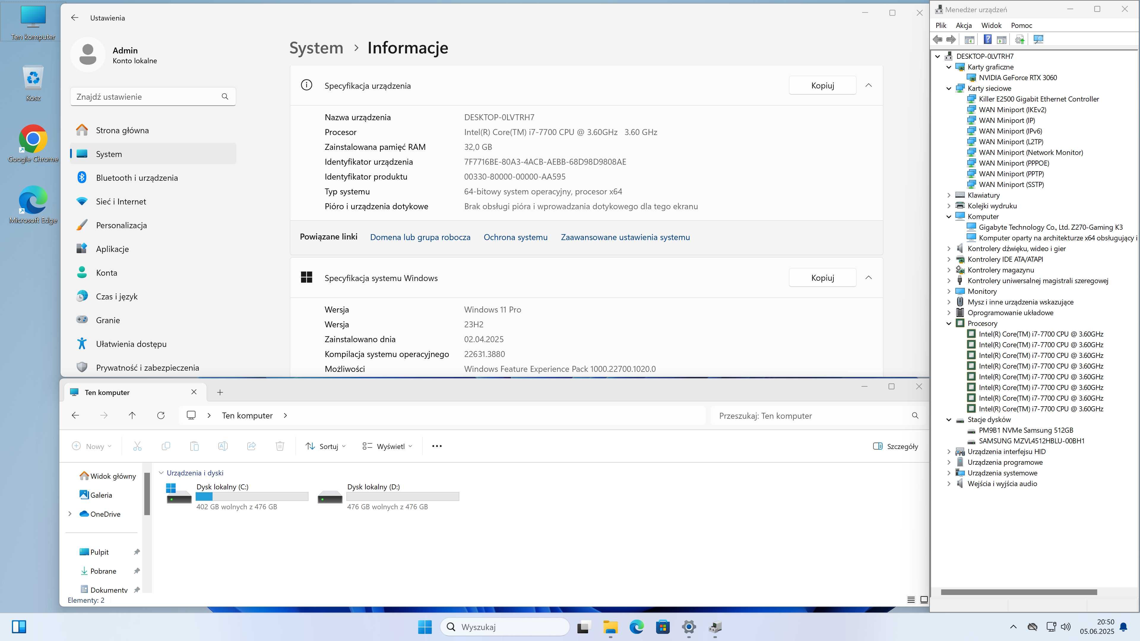 Komputer do gier i7-7700 RTX 3060 32GB DDR4 2x 512GB NVMe Win11 GW