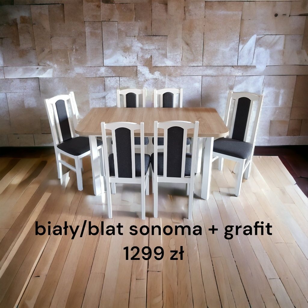 Nowe: Stół 80x140/180 + 6 krzeseł,  biały/blat sonoma + grafit, Transp