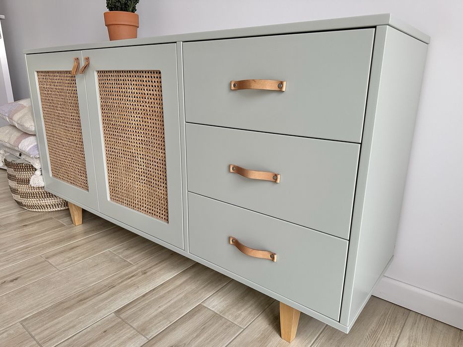 Komoda solidna 150cm z rattanem miętowa szuflady boho