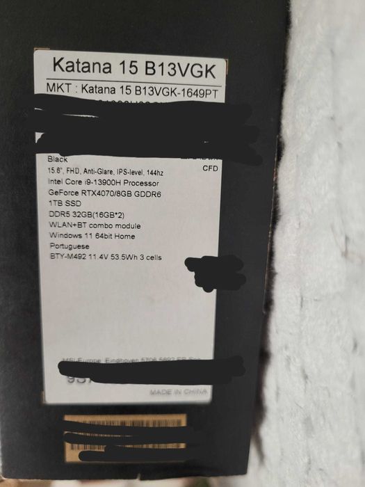 Computado Portátil Gaming MSI Katana 15 B13VGK - 1649PT