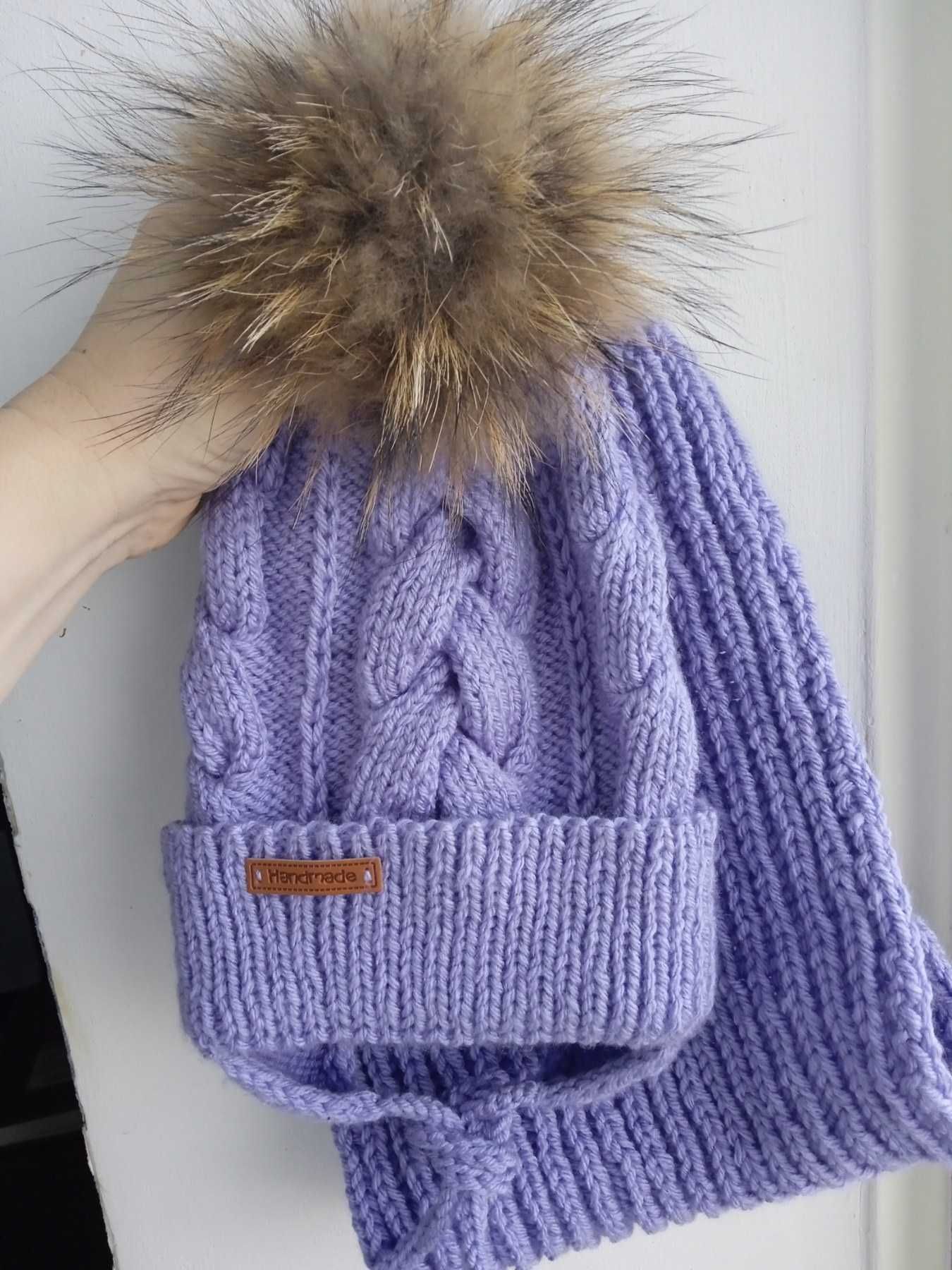 Зимняя шапка набор хомут  рукавички сиреневый ручной работы