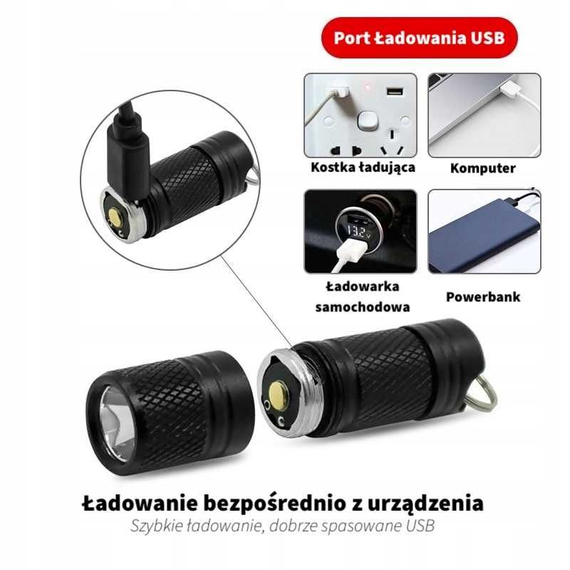 Latarka LED Mini Akumulator USB Wodoodporna Nowość Prezent