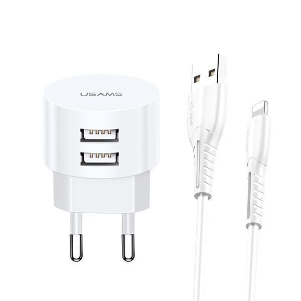 Przenośna Ładowarka Sieciowa USAMS T20 z 2XUSB 2,1A Lightning White