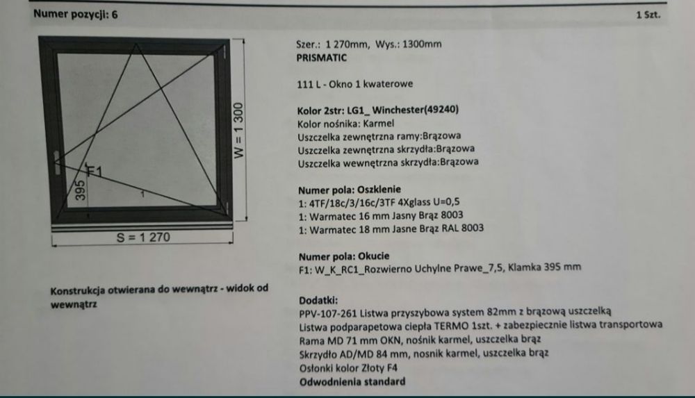 Sprzedam okno 1270x1300kolor winchester