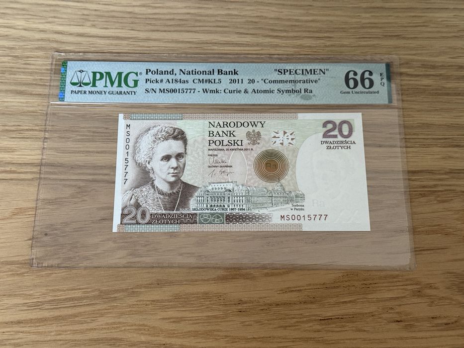 20 zł 15777 PMG 66EPQ SPECIMEN Marii Skłodowskiej-Curie