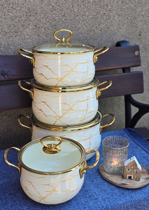 Garnki zestaw emalia marmur kremowe