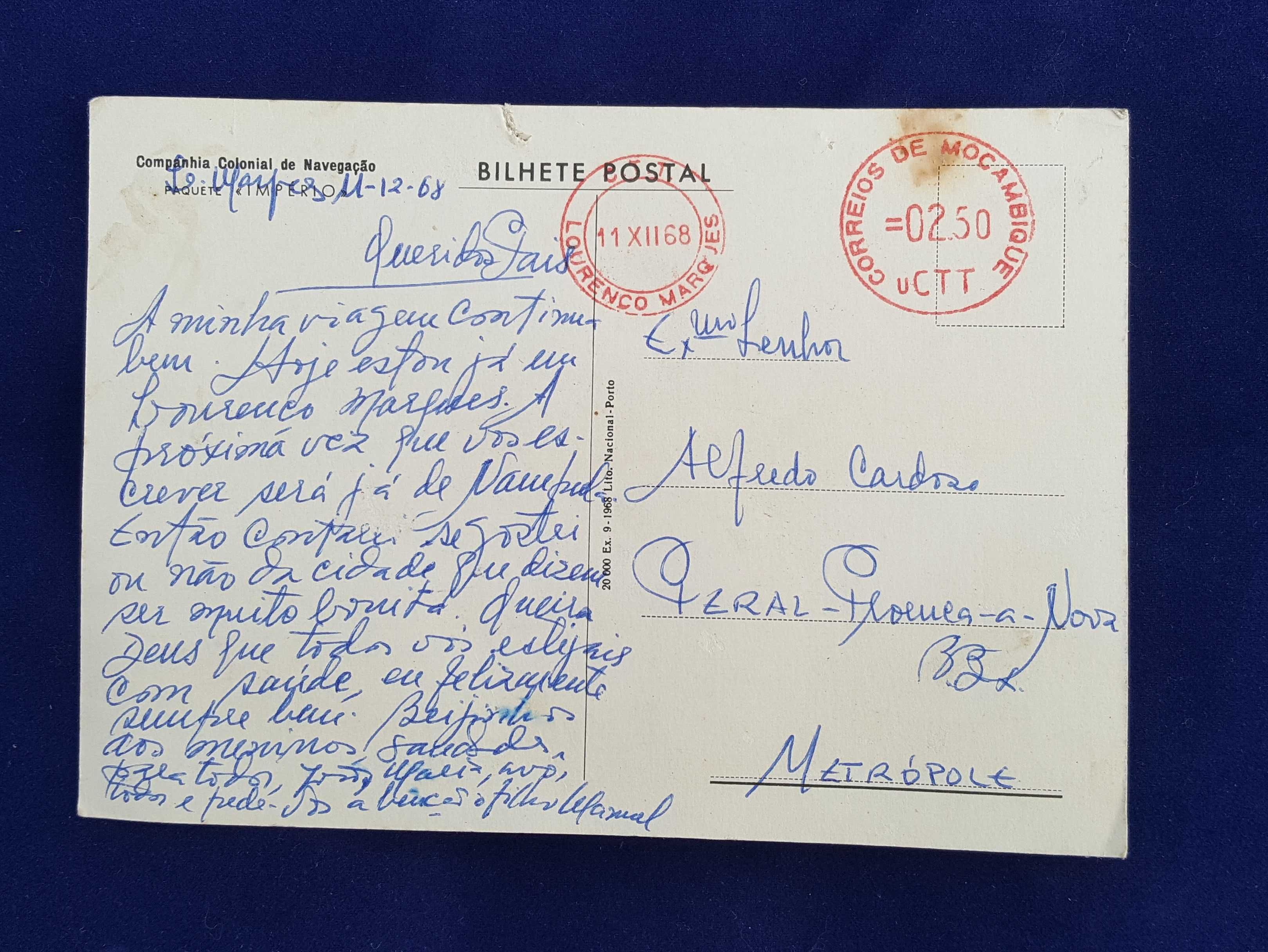 1 postal antigo, navio Império, de Lourenço Marques para Peral, 1968