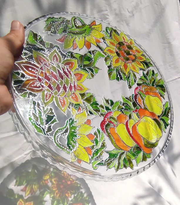 Тортниця. Блюдо для пирогів. Авторський вітражний розпис. Handmade