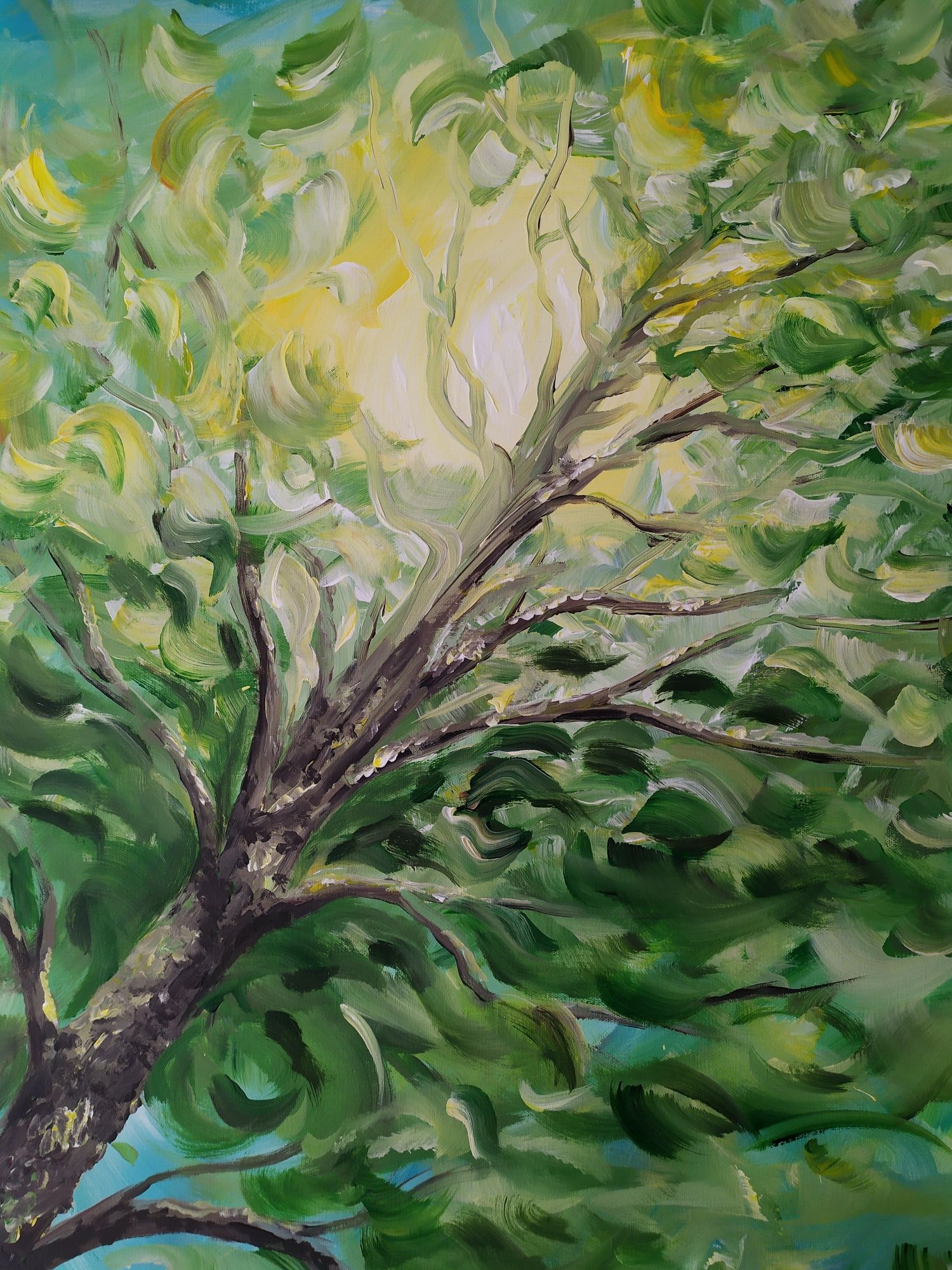 Obraz ręcznie malowany duży 100 drzewo abstrakcja liście zielony wiosn