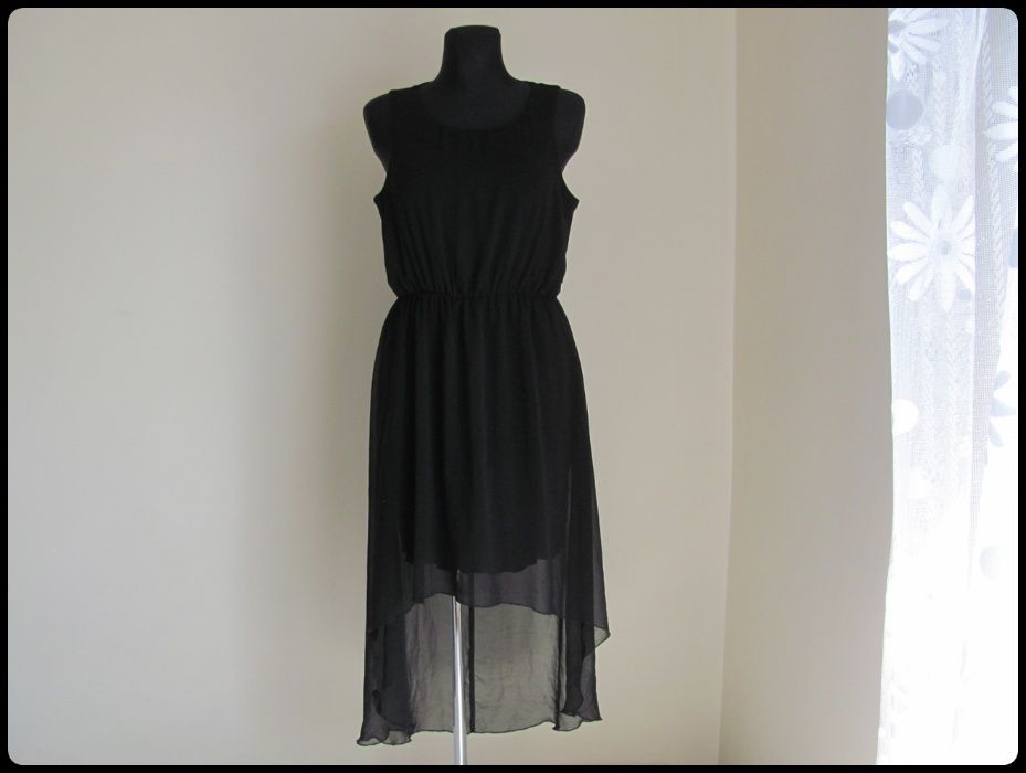 Czarna efektowna sukienka dłuższy tył pasy na plecach 40 L