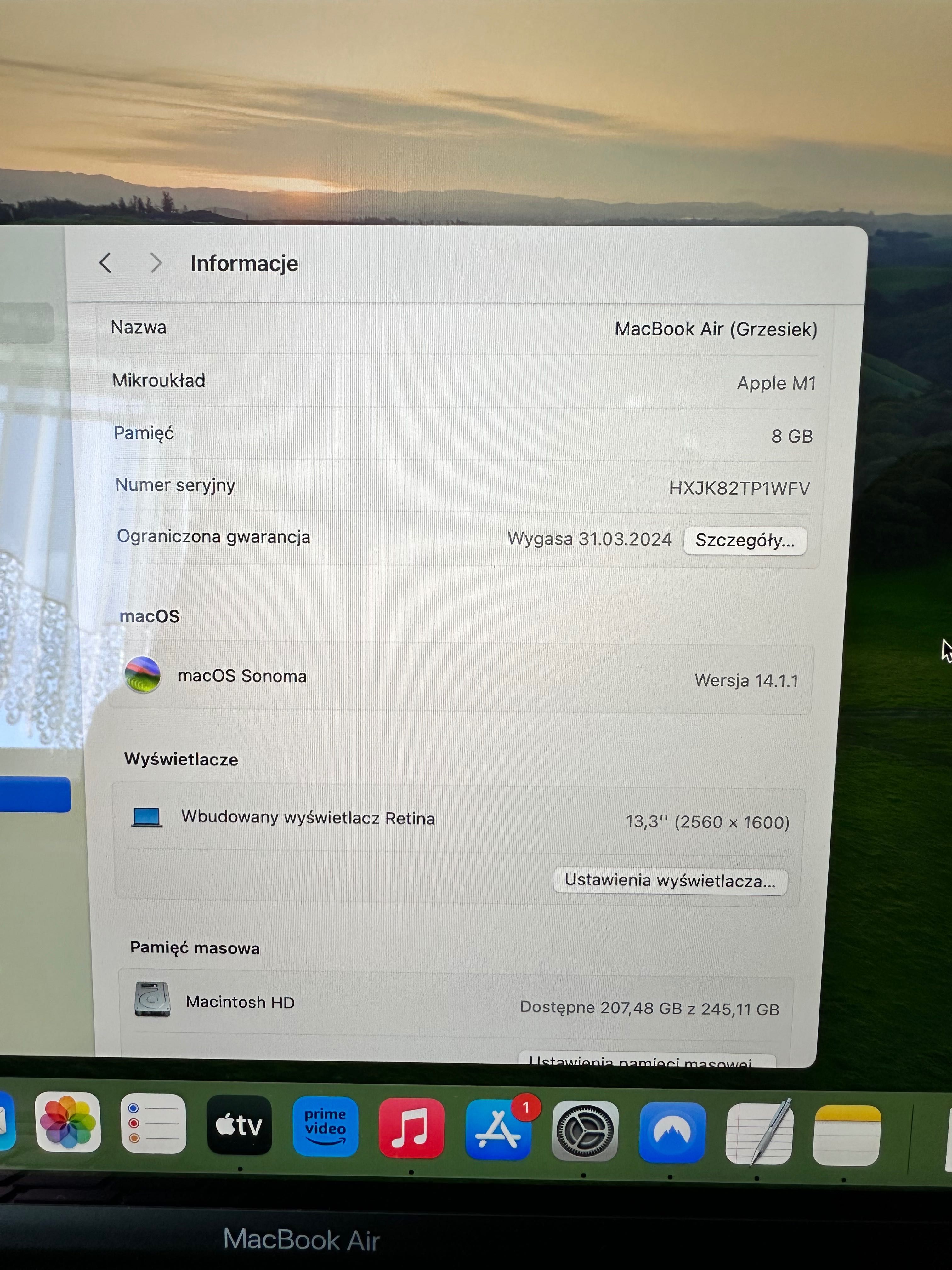 Macbook Air M1 8/256GB idealny, 11 miesiecy rękojmi media expert