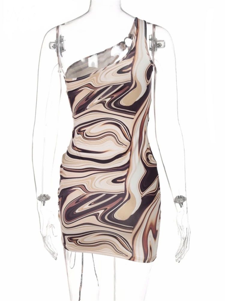 Сукня міні бежева коричнева абстрактним принтом драпіруванням вирізом