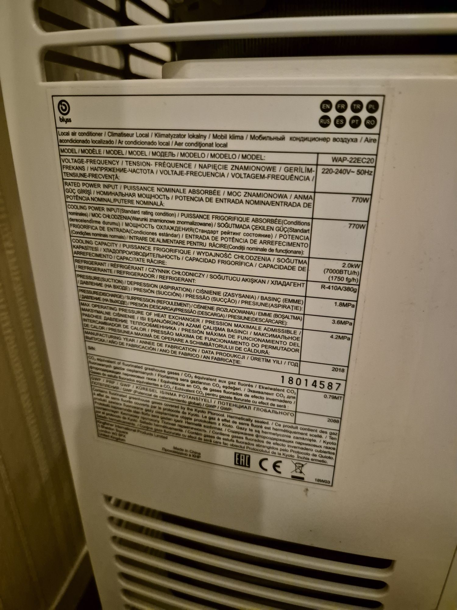 Klimatyzator przenośny 2.0kW, 7000 BTU/h