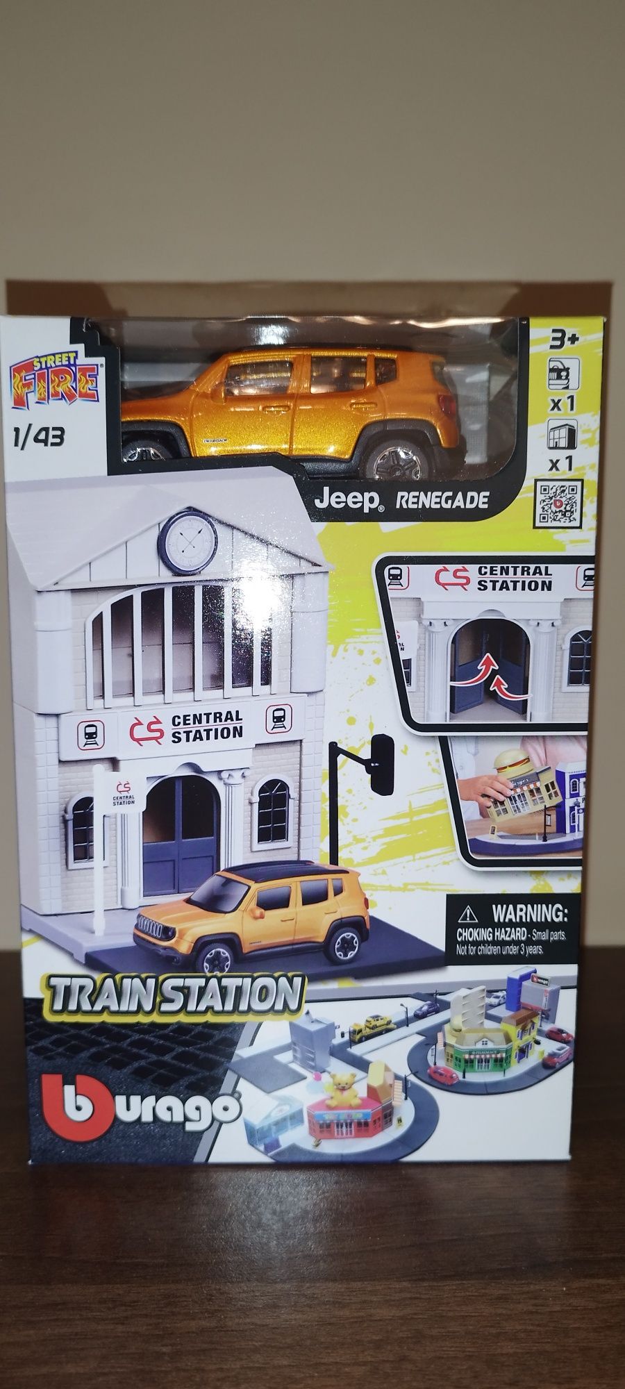 Zestaw Bburago Street Fire City Train Station z Jeep Renegade 1:43